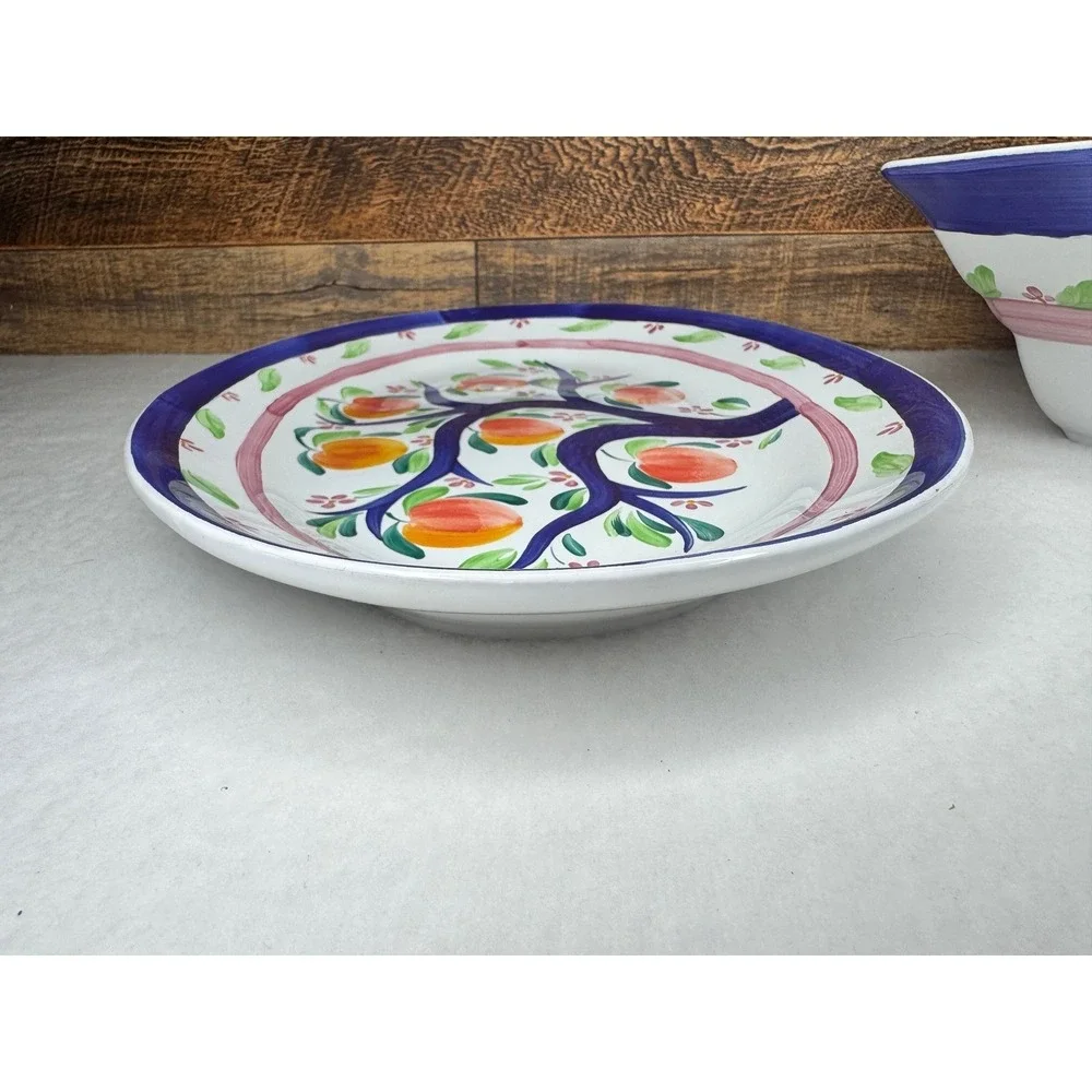 Herend Village Pottery Peach Tree Platter & Triangle Bowl Set Blue Pink‎